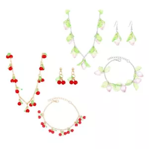 Playful Strawberry/Cherries Pendant Necklace with Matching Bracelet Earrings - Picture 1 of 10