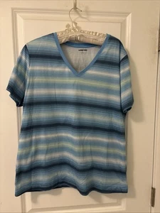 Lands' End Women's Blue Striped V-Neck Short Sleeve 100% Cotton Tee- Size L-EUC - Picture 1 of 3