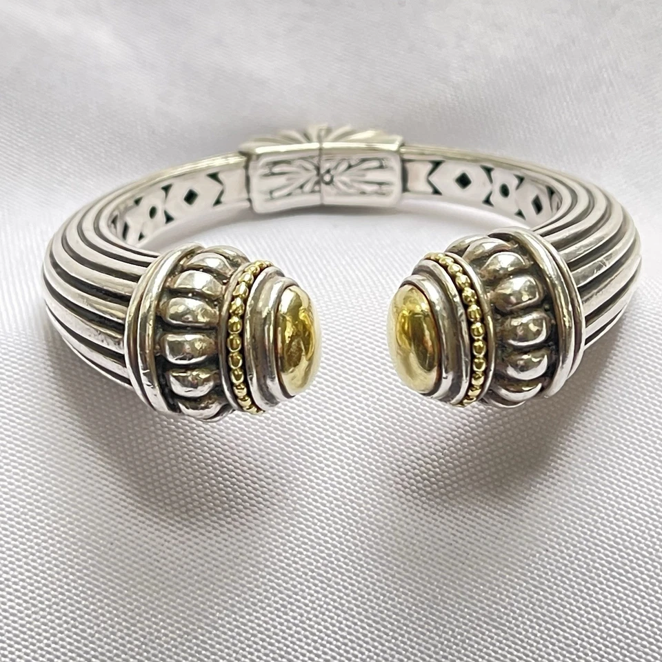 Vintage Lagos Caviar Sterling Silver & 18K Gold Hinged Cuff Bracelet 53g 6.5" SM - Image 1 of 3