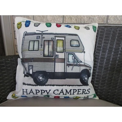 Funda de almohada para cámper feliz camping al aire libre sobre la cabeza marrón arpillera búho luces Foto 1 de 2