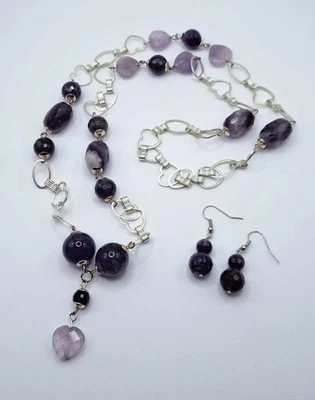 Set collana lunga perle viola ametista lilla argento fatta a mano donna ragazza - Immagine 1 di 4