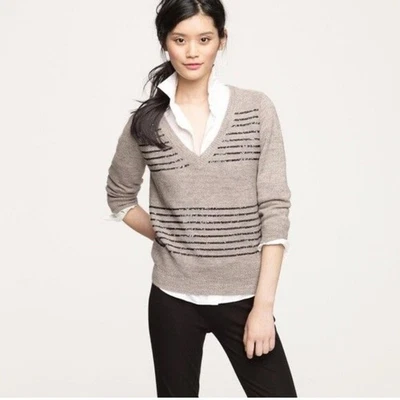 J. Crew Beige and Black Striped V-Neck Sweater - Image 1 of 4