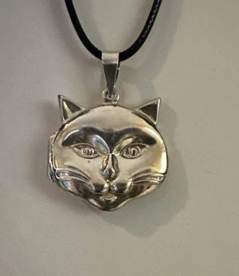 Gorgeous Double Sided 3D Puffy Sterling Cat  Face Locket Charm Pendant 18” N49 - Image 1 of 4