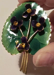 Vintage Purple Violet Flower Enamel Brooch Pin Austria - 1.5" W X 2" L - Picture 1 of 3