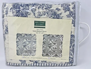 Welcome Home Toile Quilted Throw Blanket Blue & Beige Striped Inset 50 x 60" New - Picture 1 of 4