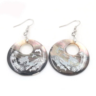 Huge Natural Mermaid Carved Shell Gemstone Silver Dangle Hook Earrings Jewelry - Image 1 of 4