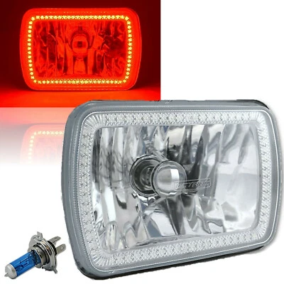 7X6" Red SMD LED Halo Angel Eye Clear Headlight 55/60W Halogen Light Bulb EACH - Image 1 of 4