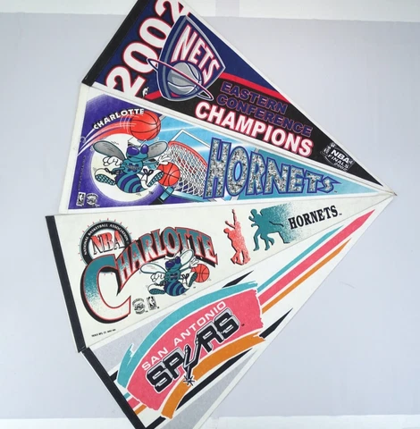 Lot of 4 1990's NBA Basketball Pennants Charlotte Hornets Spurs NJ Nets Cover