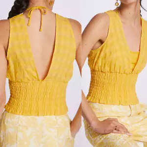 Anthropologie Maeve Layered Smocked Tank Top Size Medium Yellow Plaid - Picture 1 of 11
