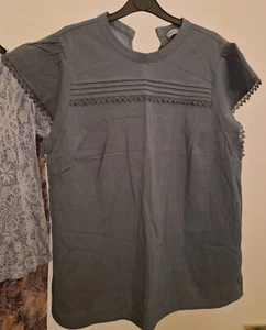 Oasis Top Size 16 Blue Green Womens Short Sleeved Blouse Broderie Embroidered - Picture 1 of 6