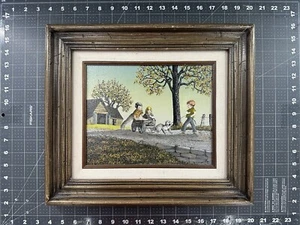 Vintage Dog Won't Pull Wagon H Hargrove Painting Print on Canvas Framed - Picture 1 of 11