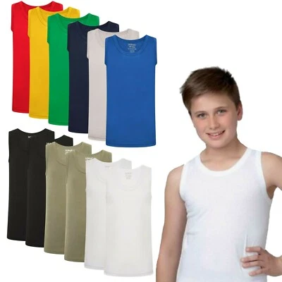 6 Pack Boys 100% Cool Cotton Vests  1 -13 years Back to School White Khaki Black - Image 1 of 2