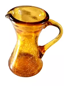Crackle Glass Amber Yellow Gold Mini Creamer Pitcher Vintage 4" Handle Spout - Picture 1 of 5