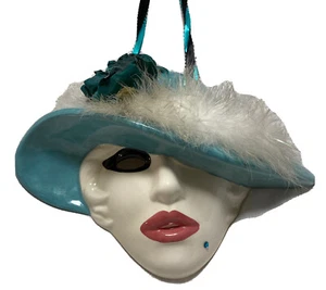 Women Face Mask Wall Art Decor Ceramic Lady in Hat Marabou Vtg 80s - Picture 1 of 11
