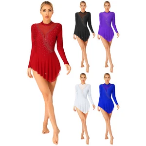 Women's Long Sleeve Figure Skating Dress Shiny Rhinestone Skater Dance Costume - Picture 1 of 50