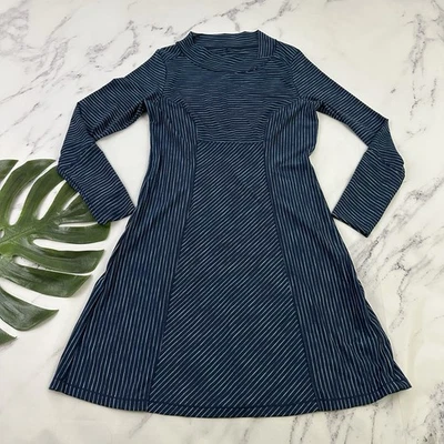 Prana Womens Scramble High Neck Dress Size M Blue Striped Long Sleeve Stretch - Image 1 of 4