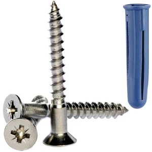 No12 / 5.5mm A2 Stainless Steel Pozi Countersunk Wood Screws + Blue Wall Plugs - Picture 1 of 11