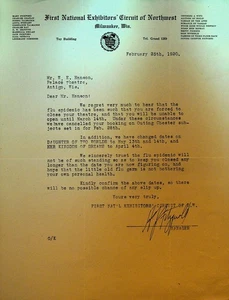 First National Exhibitors Letterhead February 25 1920 Spanish Flu Epidemic - Picture 1 of 1