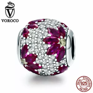 Voroco 925 Sterling Silver Charm Bead Red & White Flower Fit Bracelet Necklace - Picture 1 of 10