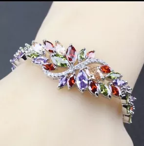Peridot Garnet Amethyst Topaz Multi Gemstones 925 Silver Bracelet - Picture 1 of 12