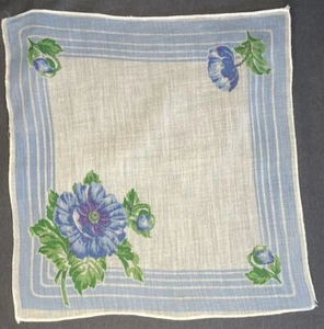 Vintage Baumwolle blau gestreift & blau Mohn Blumen Taschentuch Landhaus Oma Kern - Bild 1 von 5