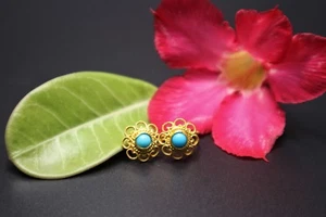 STUNNING SOLID 22K HOOK GOLD EARRING w. TURQUOISE - Picture 1 of 5