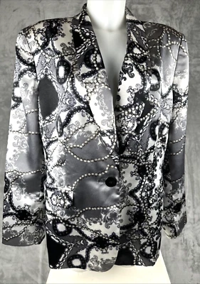 Blazer de noche Kasper para mujer 18 negro blanco gris sedoso estampado jacquard cóctel Foto 1 de 4