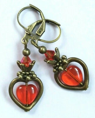Pendiente CORAZÓN CRISTAL MANDARINA BRONCE PALANCA hecho a mano XX Foto 1 de 4