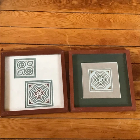 Estate Lot of 2 Shades of Green & Tan Embroidered Needlework Fabric Artwork Matt Cover