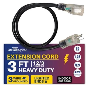 3ft Power Outdoor Extension Cord & Indoor - Waterproof Electric Drop Cord Cable - Picture 1 of 7