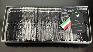 Linea Emmeti Bufanda Hombre 80% Lana 20% Cachemira Negro Gris Cuadros Italia 12"x71" - Imagen 1 de 3