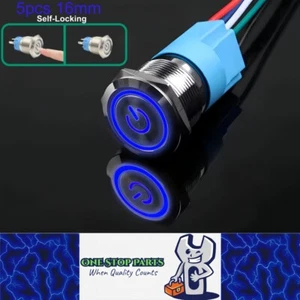 5 x 16mm Metal Push Button Switch Blue LED 12-24V Pre-Wired Self-Locking Switch - Picture 1 of 7