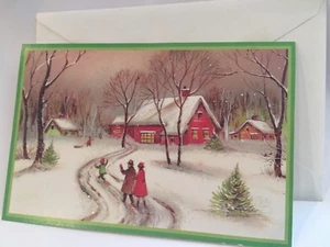 Biglietto di Natale Vintage Mai Usato Glitter Famiglia Passeggiata In Villaggio Bordo Verde - Foto 1 di 5