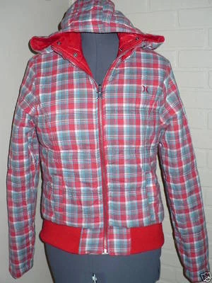 NUEVO CON ETIQUETAS ABRIGO CON CAPUCHA HINCHADO REVERSIBLE A CUADROS ROJO HURLEY MEDIANO $82 Foto 1 de 4