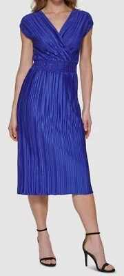 Vestido DKNY Azul Mujer Talla 12 Cambio Midi Calado Obturador Plisado Manga Gorra Nuevo Foto 1 de 4