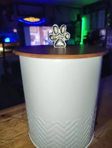 Dog Treat Container W Natural Wood Lid & cast Metal Paw Print Handle - Picture 1 of 11