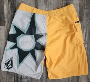 Volcom Board Shorts Mens 36 Yellow Gray Black Trunks Logo Pockets Surf Swim - Picture 1 of 10