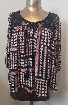 Soprano Black Sheer Boho Top Womens S Chest 36 Tasseled Lace Accent 313-35582 - Image 1 of 4