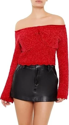 Suéter Forever 21 Fuera del Hombro con lazo - Rojo Vacaciones Acogedor Top Recortado Lindo Foto 1 de 4