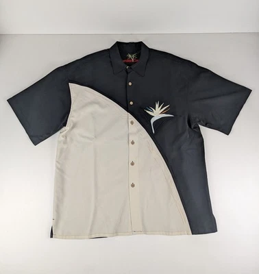 Bamboo Cay Button Down Shirt Size L Black Crescent Embroidered Bird Of Paradise - Image 1 of 4