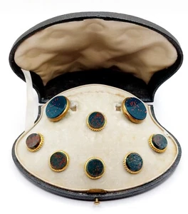 Parure antique or 18k boutons de manchette et cols jaspe sanguin (circa 1900) - Foto 1 di 10