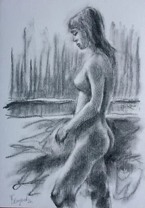 Female Nude Figure 54 Original Charcoal Drawing YSArt Naked Woman A4 8x12 - Picture 1 of 4