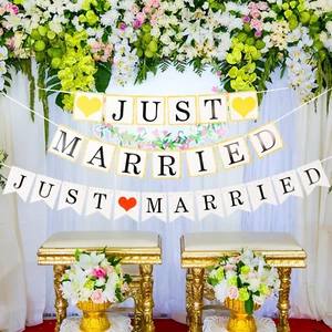 2 Sets Just Married Wedding Banners Bunting Garland Photo Props Signs with Heart - Picture 1 of 8