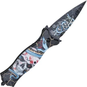 Nightmare IV Stiletto Taschenmesser mit Totenköpfe und Schlange - Picture 1 of 6