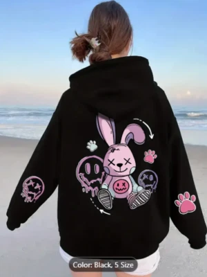 Women's Cozy Cartoon Rabbit & Paw Print Hoodie – Stylish Pullover Sweatshirt - Image 1 of 4
