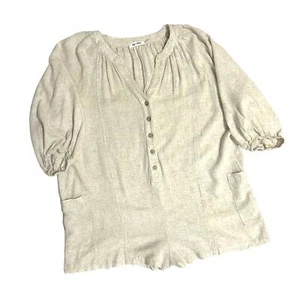 Day + Moon Linen Blend Short Romper Tan Size Small Puff Sleeves Summer Boho - Picture 1 of 12