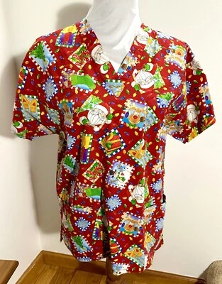 Peaches Women’s Holiday Christmas Pattern Scrub Top Size Medium Red  - Image 1 of 3