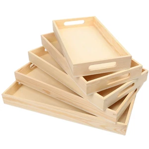 5 Pcs Wooden Nested Serving Trays with Handles, 13 - 16 In, Unfinished Natural W - Picture 1 of 12