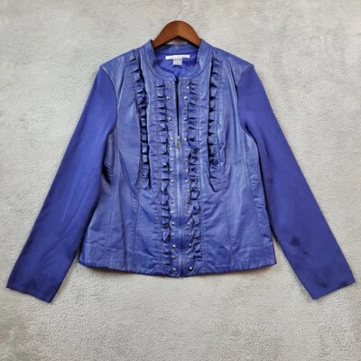 Chaqueta Peter Nygard Mujer Grande Azul Real Tachonado Volantes Tejido Cuero Foto 1 de 4