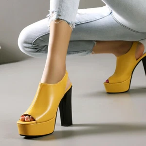 Sandali donna tacco a blocco platfrom punta aperta corda elastica slip on slingbacks scarpa - Foto 1 di 17